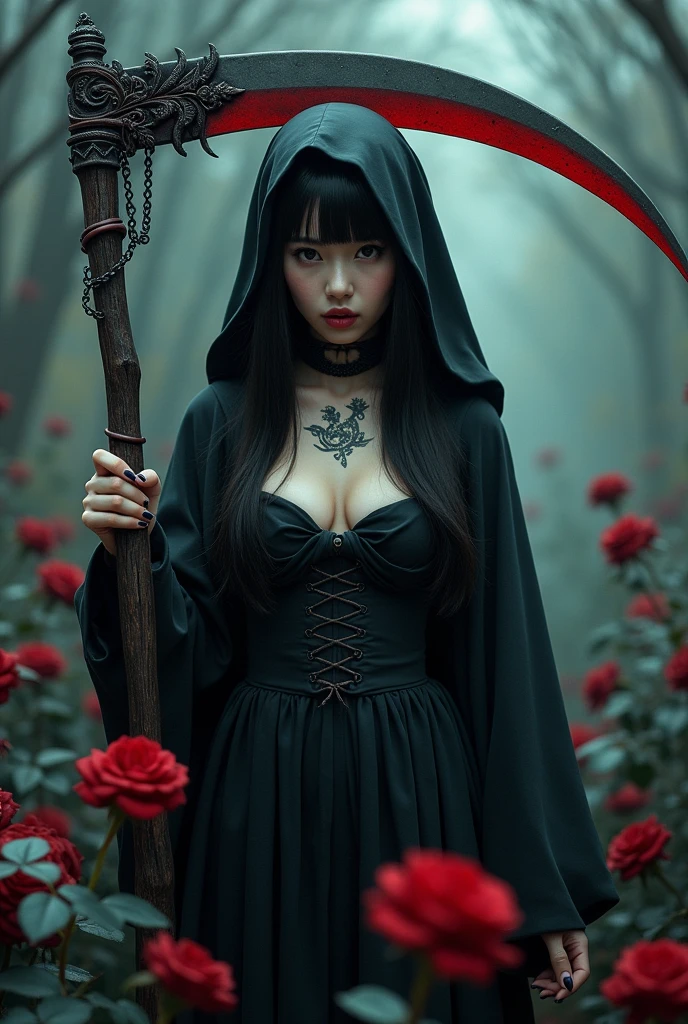 ((grim Reaper))、young woman、(Beauty)、Japanese、cute、1、Idol、韓国Idolの様にcute、Belly button、((He carries a scythe as big as he is.))、grim Reaperの鎌、Death Scythe、Background black roses、Tattoo、(best quality,4K,8k,highres,masterpiece:1.2),ultra-detailed,(realistic,photorealistic,photo-realistic:1.37),HDR,uhd,studio lighting,ultra-fine painting,sharp focus,physically-based rendering,extreme detail description,professional,vivid colors,bokeh,cinematic lighting,dramatic shadow,