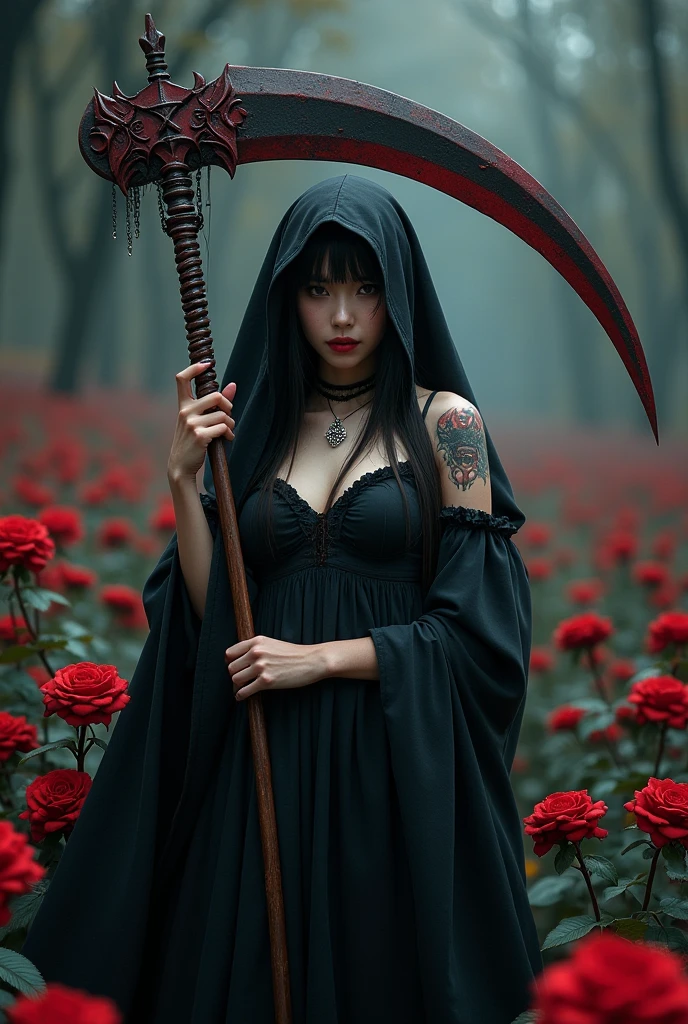 ((grim Reaper))、young woman、(Beauty)、Japanese、cute、1、Idol、韓国Idolの様にcute、Belly button、((He carries a scythe as big as he is.))、grim Reaperの鎌、Death Scythe、Background black roses、Tattoo、(best quality,4K,8k,highres,masterpiece:1.2),ultra-detailed,(realistic,photorealistic,photo-realistic:1.37),HDR,uhd,studio lighting,ultra-fine painting,sharp focus,physically-based rendering,extreme detail description,professional,vivid colors,bokeh,cinematic lighting,dramatic shadow,