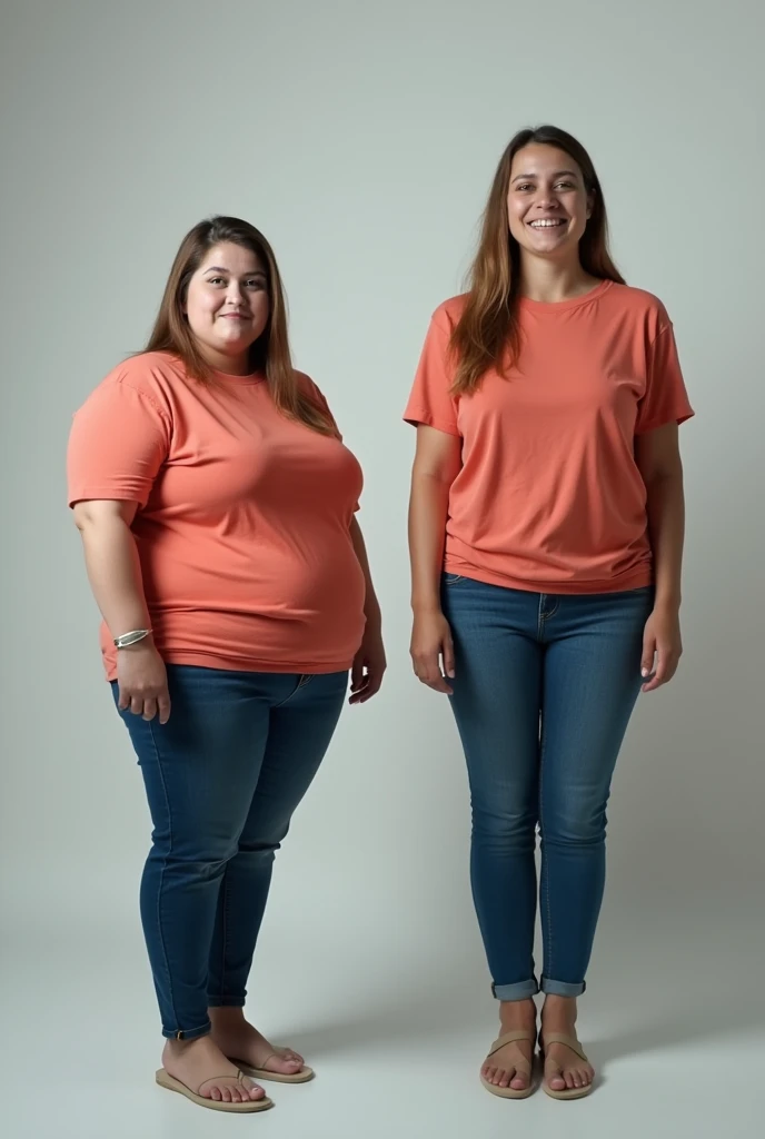 CREATE A BEFORE AND AFTER IMAGE OF A FAT WOMAN BECOMING THIN TO USE IN YOUR YOUTUBE THUMBNAIL. SHOW THE SAD FAT GIRL AND THE HAPPY THIN GIRL. BOTH SHOULD WEAR THE SAME CLOTHES AND THE SAME COLORS