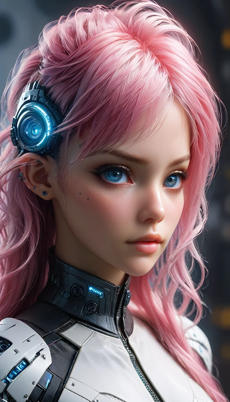 One Girl wear futurist white and pink full_armor, looking at viewer, highly detailed, very long pink hair, bleu eyes, large breast 95 D cup, perfect body, masterpiece,