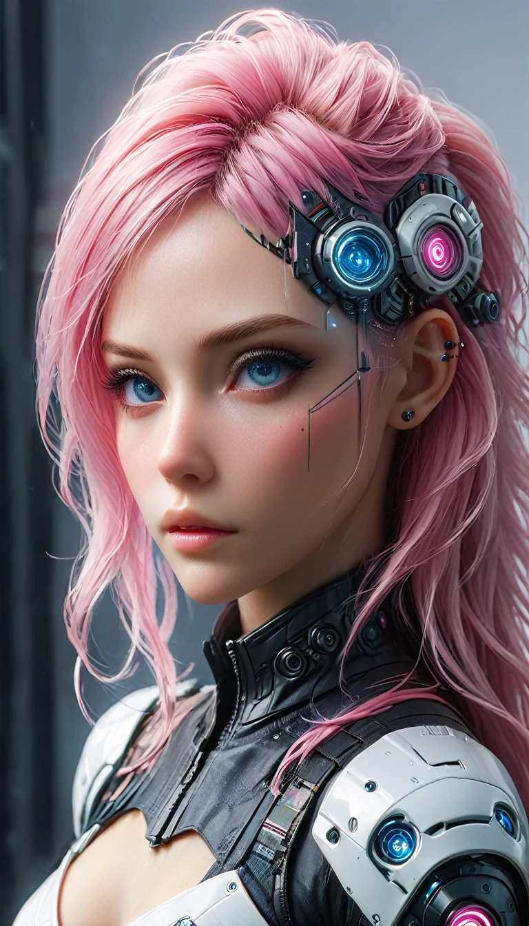 One Girl wear futurist white and pink full_armor, looking at viewer, highly detailed, very long pink hair, bleu eyes, large breast 95 D cup, perfect body, masterpiece,