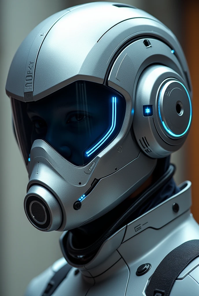 1 man, silver motorcycle helmet, snorkeling mask, portrait close up. Silver two pipe tube from mouth to head. Future design.. high tech. Wear google safety eyes glowing blue. The tube connect from head to mouth. Future headphone design blue led light detail. Starlord helmet design concepts. Very detail . High tech costume. Marvel. shape on the helmet. KAMEN RIDER.. CYBER POLICE