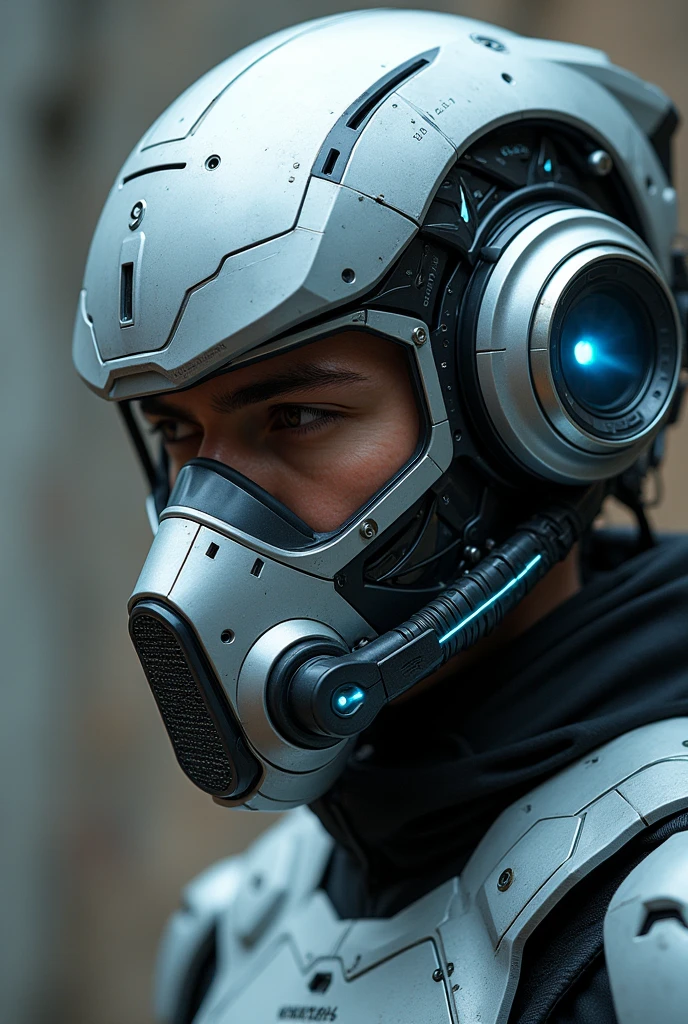 1 man, silver motorcycle helmet, snorkeling mask, portrait close up. Silver two pipe tube from mouth to head. Future design.. high tech. Wear google safety eyes glowing blue. The tube connect from head to mouth. Future headphone design blue led light detail. Starlord helmet design concepts. Very detail . High tech costume. Marvel. shape on the helmet. KAMEN RIDER.. CYBER POLICE