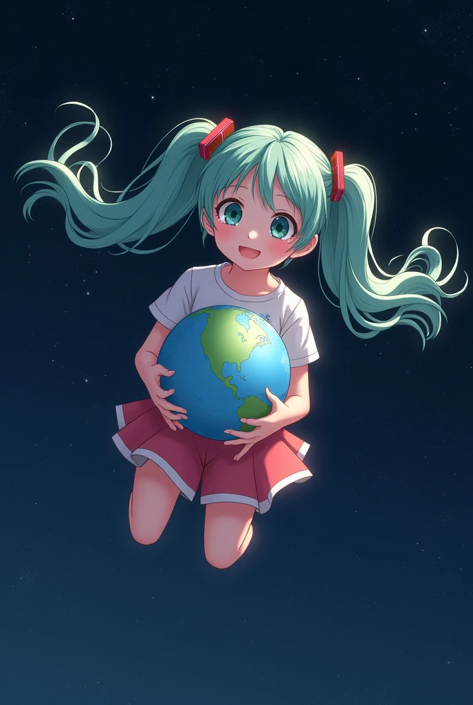 Girl, long pigtails, in space, holding earth in hands, flying, cute pose, cool pose, happy, Hatsune Miku, small earth, knees bent, flowing pigtails, 2