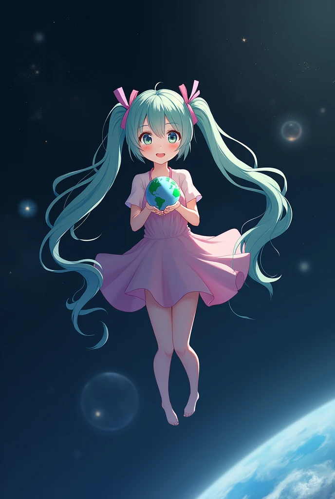Girl, long pigtails, in space, holding earth in hands, flying, cute pose, cool pose, happy, Hatsune Miku, small earth