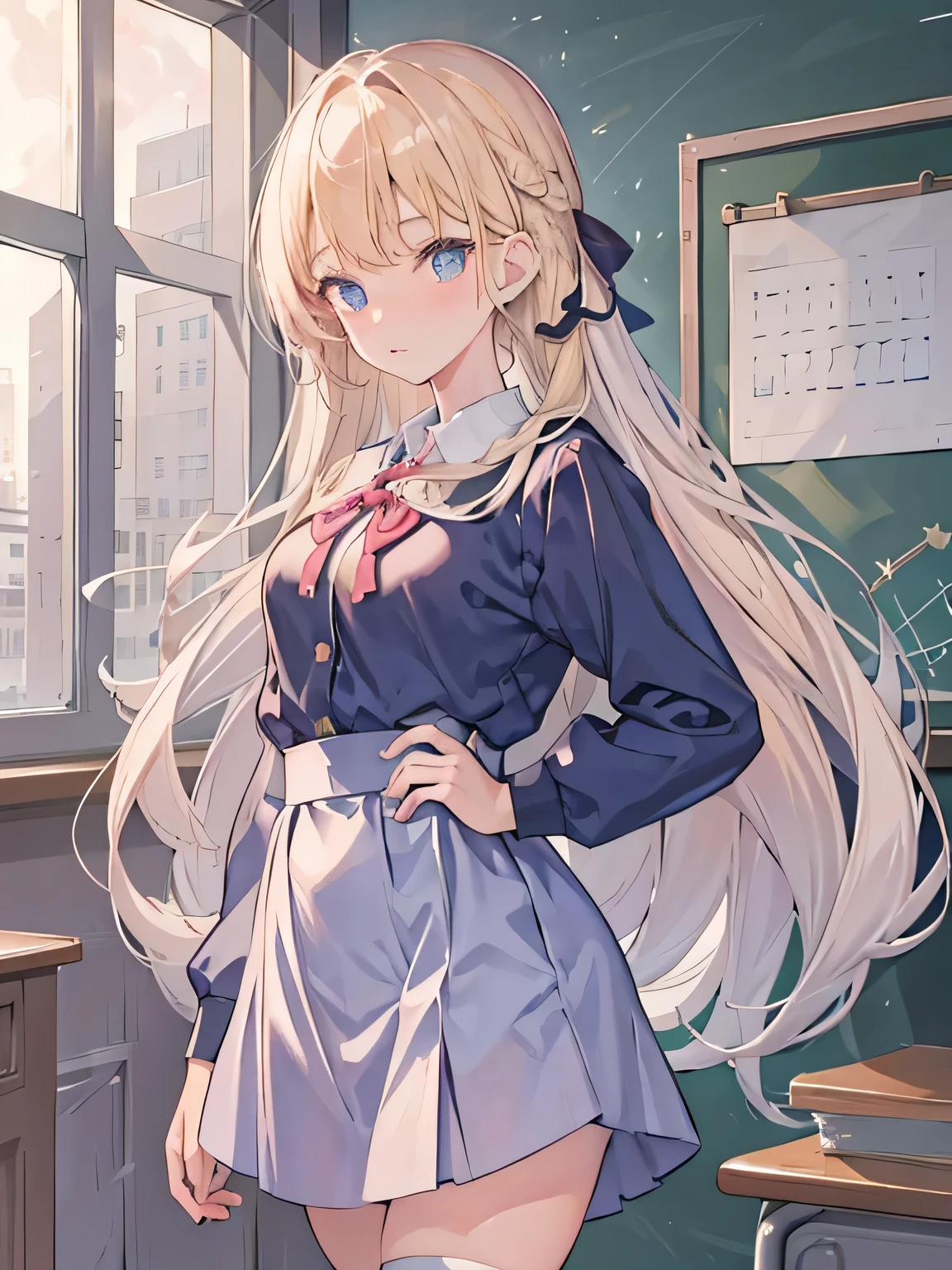 Top quality, super detailed, schoolgirl uniform, blonde hair, blue eyes, girl, cute girl, ribbon, long hair, loafer shoes, masterpiece, delicate accessories, school, classroom, standing, official art, Unity 8k wallpaper, official art, Unity 8k wallpaper.