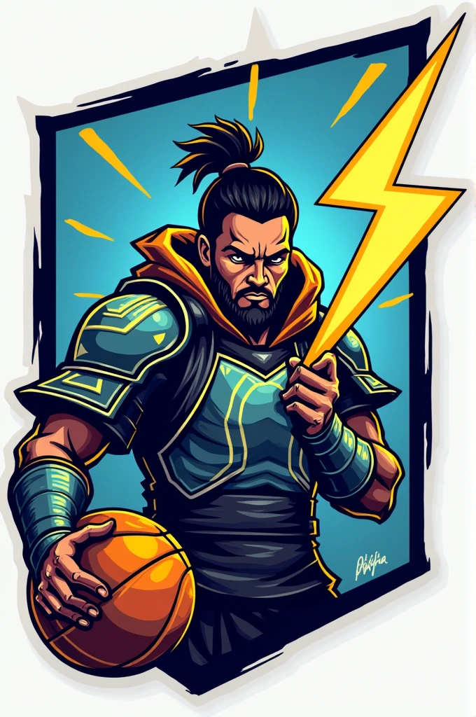 Basketball logo, with the color blue white and yellow, and the logo a warrior with a lightning bolt