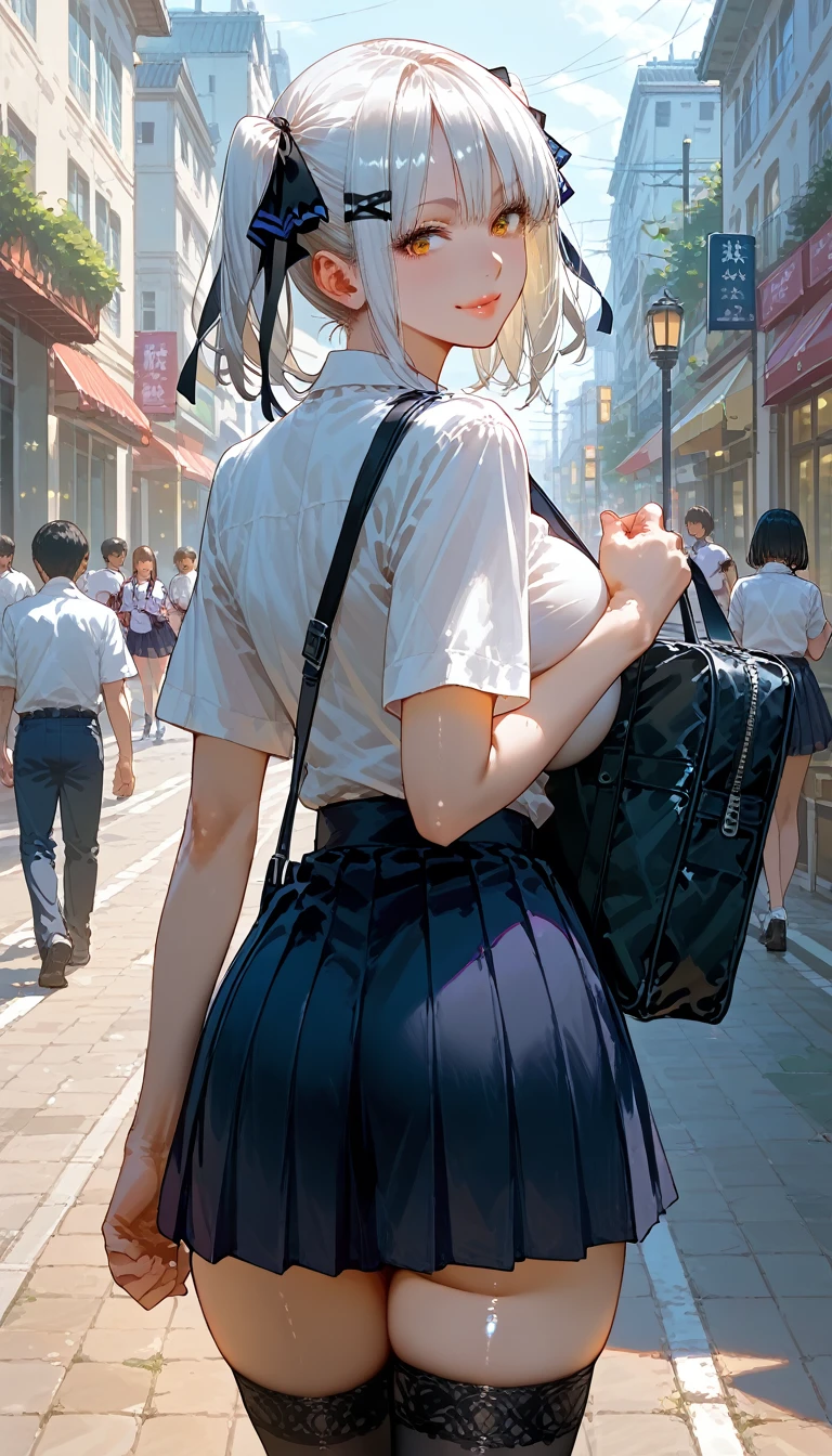 score_9, score_8_up,score_7_up,masterpiece, best quality, perfect anatomy, very aesthetic, official art, 8k,source_anime,2D, megami magazine, rating_safe ,1girl,shiny skin ,gleaming skin,seductive smile,closed mouth ,eyelashes,lips gloss, vampire_girl,huge_breasts,short bob hair,twintails, white hair ,hairclip,gothic ta,school uniform,short skirt , knapsack ,zettairyouiki ,walking,from behind,looking back at viewer,street,school