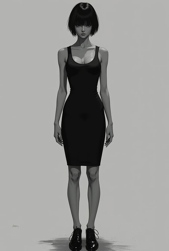 woman in a very tight black dress, woman with short hair wearing black leather shoes greyscale manga style