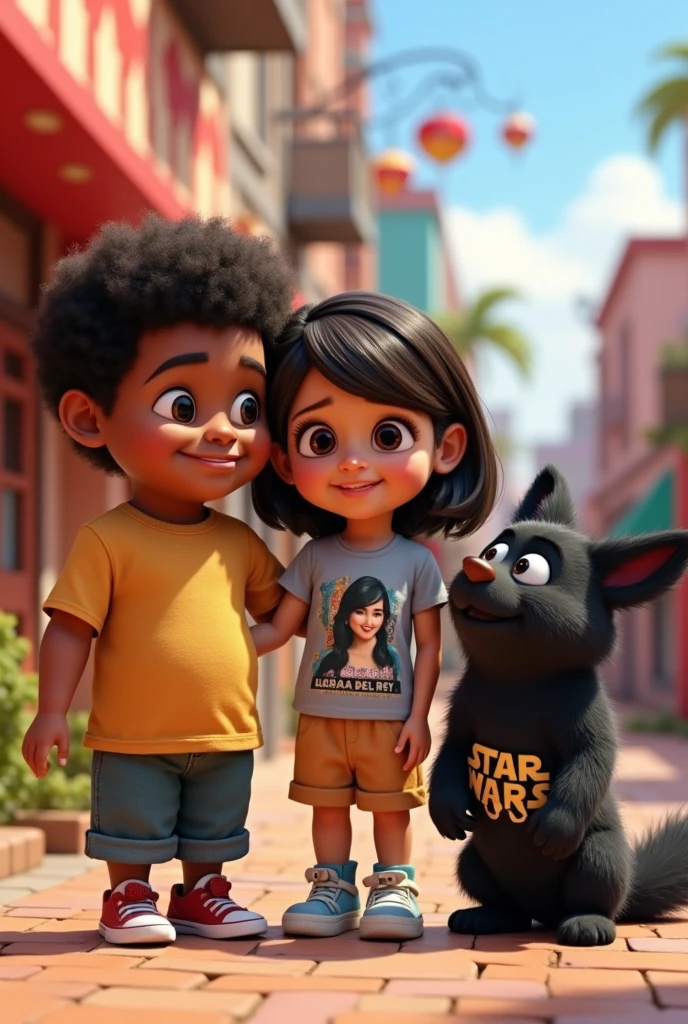 Pixar style cartoon of 3 people. The first one is a boy of about , a little chubby., dark-skinned and muslim. The second person is light skinned, hair a little between black and blonde and with a Lana del Rey t-shirt. The last person is light skinned, black fur, and has a Star Wars t-shirt.
