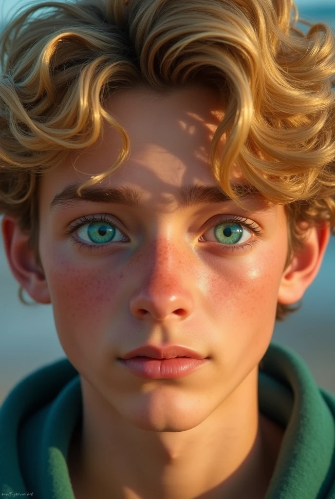 Young man short curly golden hair and green eyes