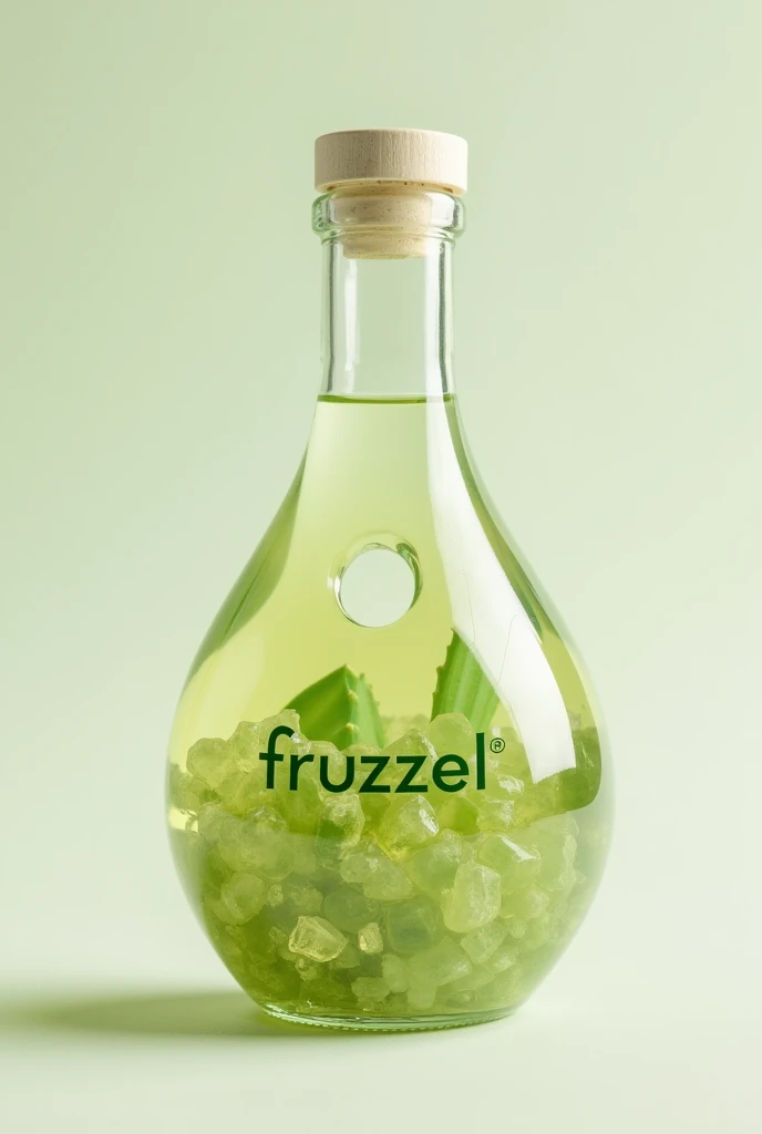 Draw a glass bottle with a unique and singular shape for a natural drink and that in the bottle liquid has small crystals of aloe vera AND that has a green label that says "Fruzzel"
Have a hole in the middle of the bottle Have the hole be smaller Make it look more like a drink bottle