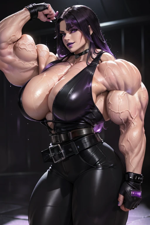 ((Close-up)), tall, ((wet violet purple hair)) beautiful muscular woman, long hair with long bangs, (sparkly wet pale white skinned), closed smile, huge breast, (black lipstick), (massive muscles), (hyper muscle), (((ginormous bulky muscles))), ((glowing black eyes)), ((black leather tank top)), (((black leather pants with belt))), fingerless gloves, choker, in a dark waterfall