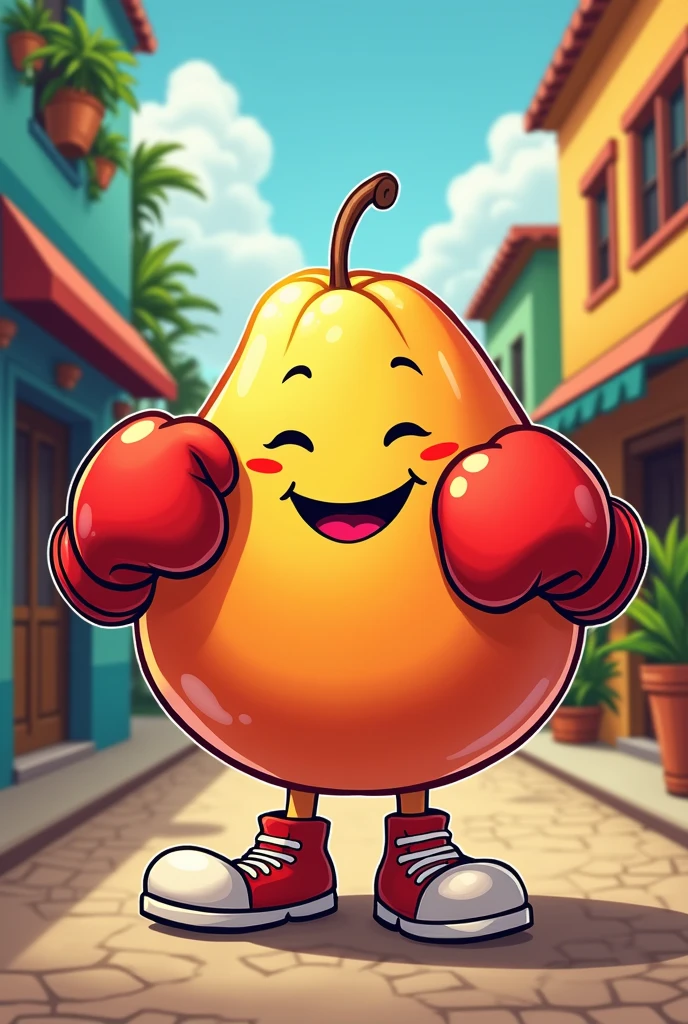 The Chilean drink, peach and barley drink, with boxing gloves as a cartoon