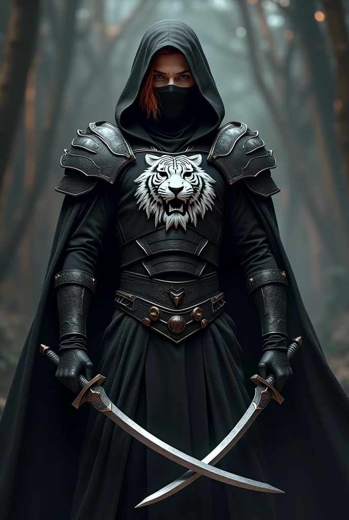 A man with slightly long red hair and brown eyes wearing black armor with a cape and hood. The armor has the design of a white tiger. He wears a black mask covering his nose and bottom. He has two curved swords at his waist.