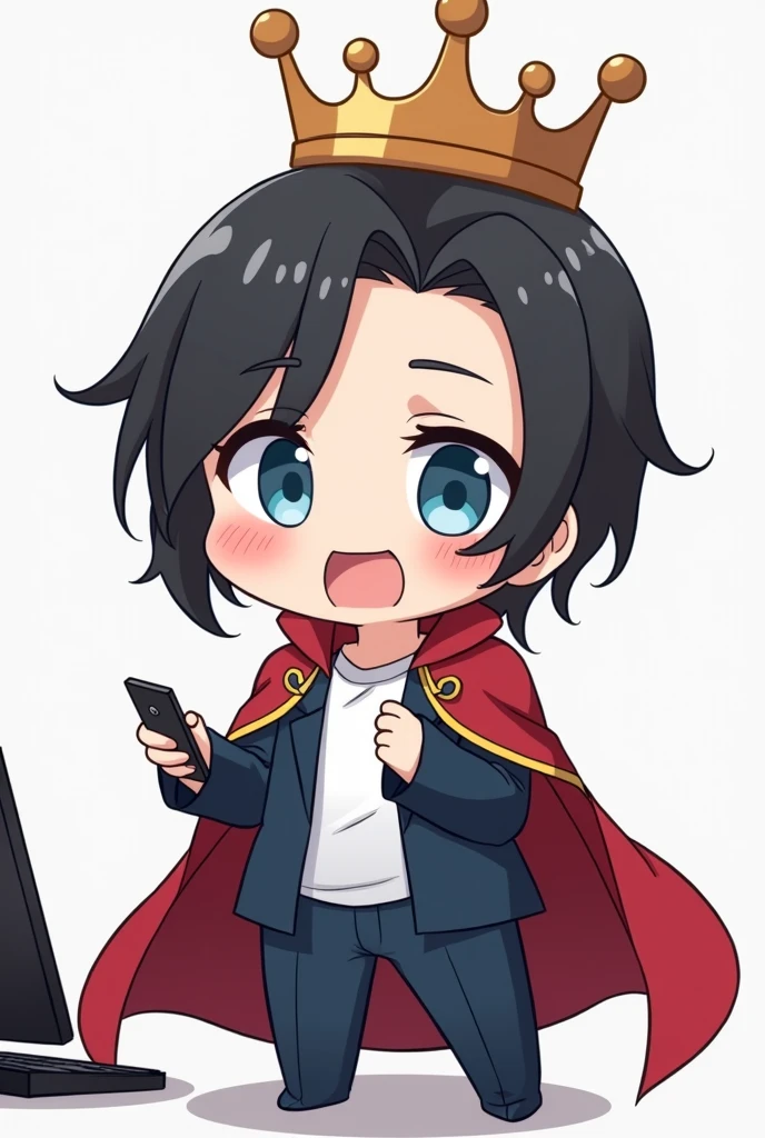 Red Cape,One person,Black Hair, Asymmetrical bangs, Parting the bangs,Blue Eyes,Drooping eyes,White T-shirt,Navy blue suit,smartphone,computer,Simple background,cool,Default,Illness,Confused eyes,Distributor,Chibi Character,crown,King