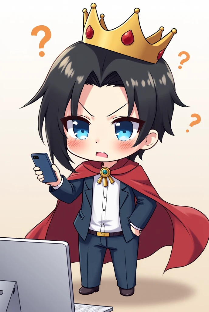 Red Cape,One person,Black Hair, Asymmetrical bangs, Parting the bangs,Blue Eyes,Drooping eyes,White T-shirt,Navy blue suit,smartphone,computer,Simple background,cool,Default,Illness,Confused eyes,Distributor,Chibi Character,crown,King