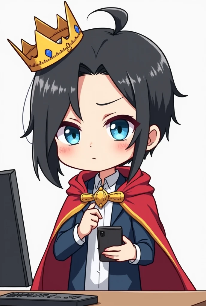 Red Cape,One person,Black Hair, Asymmetrical bangs, Parting the bangs,Blue Eyes,Drooping eyes,White T-shirt,Navy blue suit,smartphone,computer,Simple background,cool,Default,Illness,Confused eyes,Distributor,Chibi Character,crown,King