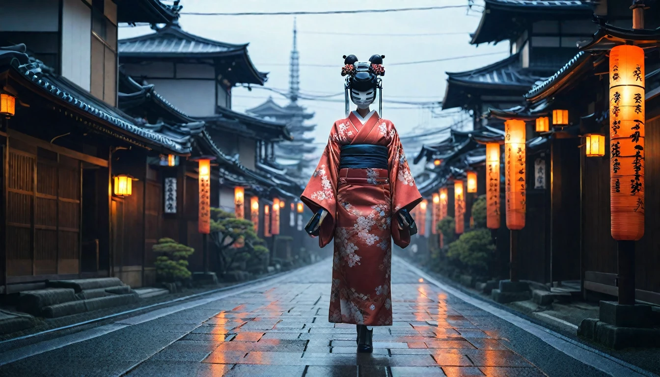 torii,null,High resolution, High resolution, 8K, Masterpiece 2:1,( Shrines in Kyoto),Creating an image of a female android in a beautiful kimono walking through the streets of Kyoto. The style is terrible, and the fusion of humans and robots has a mysterious and creepy atmosphere amidst the beauty. In the background is an old Japanese cityscape. It has a long neck made of machines and wears a mask. Imagine a strange and eerie picture - Ar 9:16.
creepy atmosphere, fusion, horror, Japanese cityscape, long neck, robots, v 6