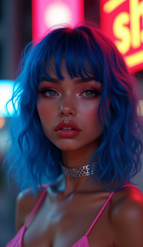 dark skinned girl with shoulder length mullet and blue hair with angel bite piercing, and she is a gyaru