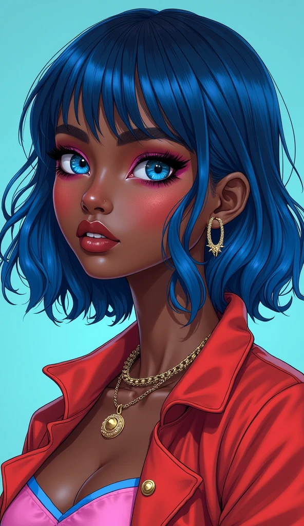 dark skinned girl with shoulder length mullet and blue hair with angel bite piercing, and she is a gyaru