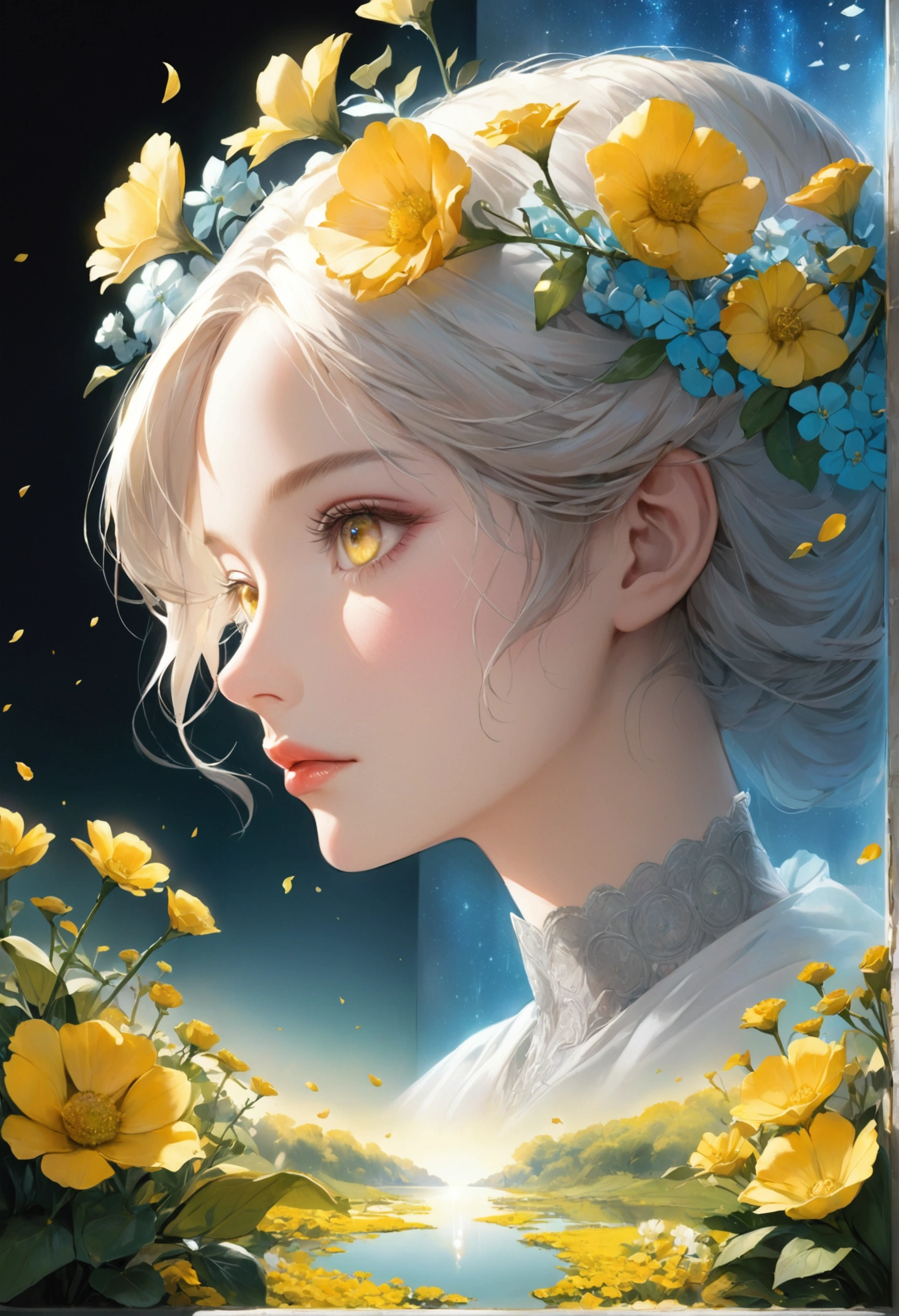 Rape flower landscape, bright canvas, The petals are fluttering, Transparent holographic reflection, A surreal landscape made of flower petals, Leaves viewers speechless, A beautiful world, 1 Uzbek woman, detailed eyes, Yellow eyes, detailed lips, very detailed face, long eyelashes, Beautiful and detailed portraits, elegant, tranquil expression, spring, high quality, 8k, realistic, surrealist, studio lighting, Physically Based Rendering, vivid colors, movie lights, dramatic lighting, soft lighting, dramatic contrast, clear, ethereal, dreamlike, mysterious, magical, fancy, concept art
