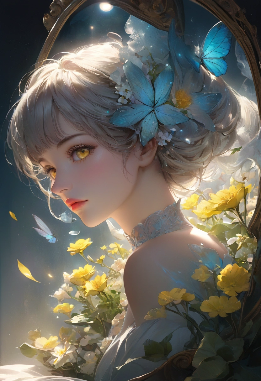 Rape flower landscape, bright canvas, The petals are fluttering, Transparent holographic reflection, A surreal landscape made of flower petals, Leaves viewers speechless, A beautiful world, 1 Uzbek woman, detailed eyes, Yellow eyes, detailed lips, very detailed face, long eyelashes, Beautiful and detailed portraits, elegant, tranquil expression, spring, high quality, 8k, realistic, surrealist, studio lighting, Physically Based Rendering, vivid colors, movie lights, dramatic lighting, soft lighting, dramatic contrast, clear, ethereal, dreamlike, mysterious, magical, fancy, concept art