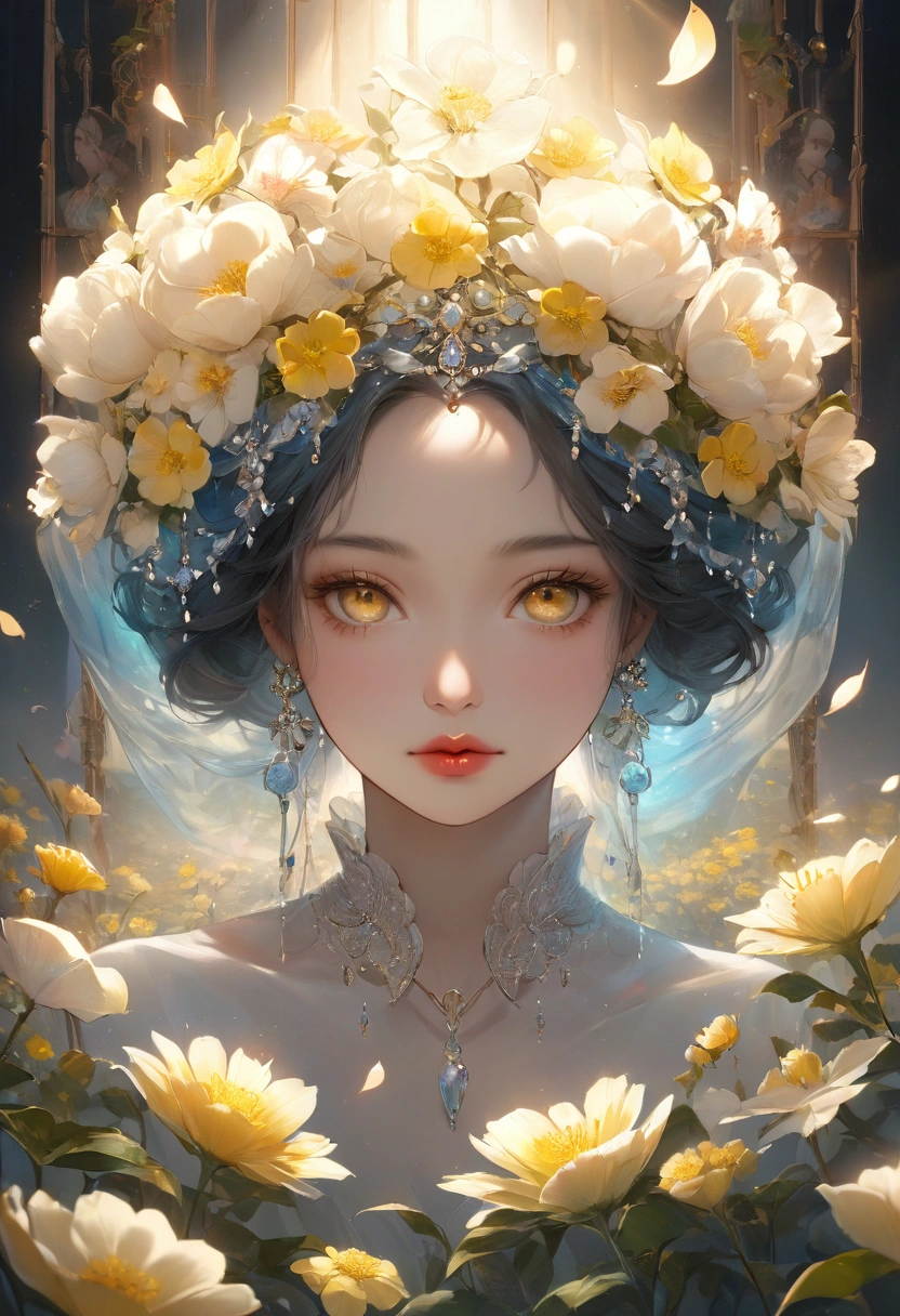 Rape flower landscape, bright canvas, The petals are fluttering, Transparent holographic reflection, A surreal landscape made of flower petals, Leaves viewers speechless, A beautiful world, 1 Uzbek woman, detailed eyes, Yellow eyes, detailed lips, very detailed face, long eyelashes, Beautiful and detailed portraits, elegant, tranquil expression, spring, high quality, 8k, realistic, surrealist, studio lighting, Physically Based Rendering, vivid colors, movie lights, dramatic lighting, soft lighting, dramatic contrast, clear, ethereal, dreamlike, mysterious, magical, fancy, concept art