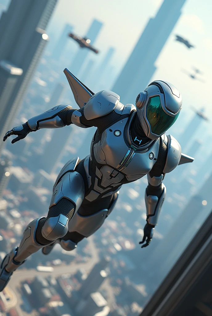 Futuristic soldier fly with power armor