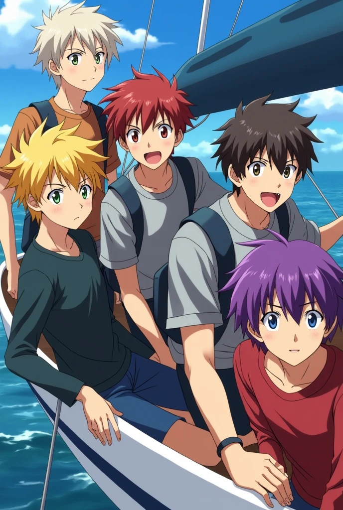 5 Teenage Males on a Boat, anime style toei animation Make one of them light blonde,yellowish red, chestnut hair, Bblack hair, purple hair, all 19/