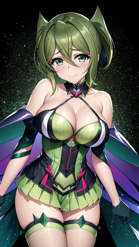 Symphogear Cut songs Yellow-green sequin corset, off-the-shoulder garter belt, fishnet tights, black background, heart-shaped bedroom, dark theme, evil, temptation, excitement, condescending smile, yandere, trance, sexy p, upper body emphasis, upward gaze