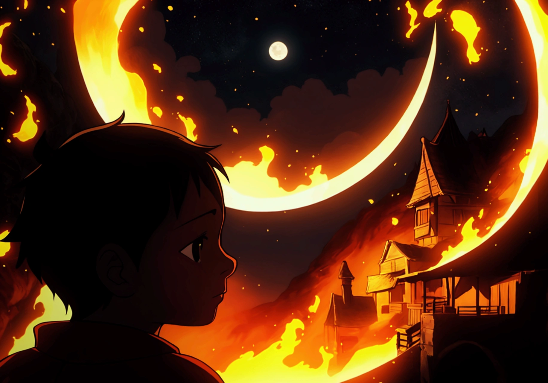 I want you to raise a child backwards, looking at his village that is on fire, the scene is at night with the moon giving a close-up.