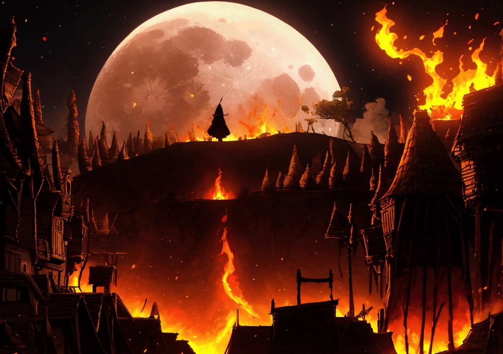 I want you to raise a child backwards, looking at his village that is on fire, the scene is at night with the moon giving a close-up.