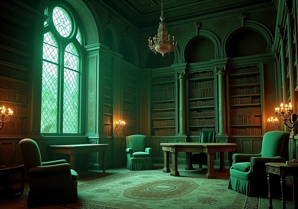 library of an old gothic and decadent mansion, the image must contain shades of green, no people and no fire in the fireplace or chandeliers