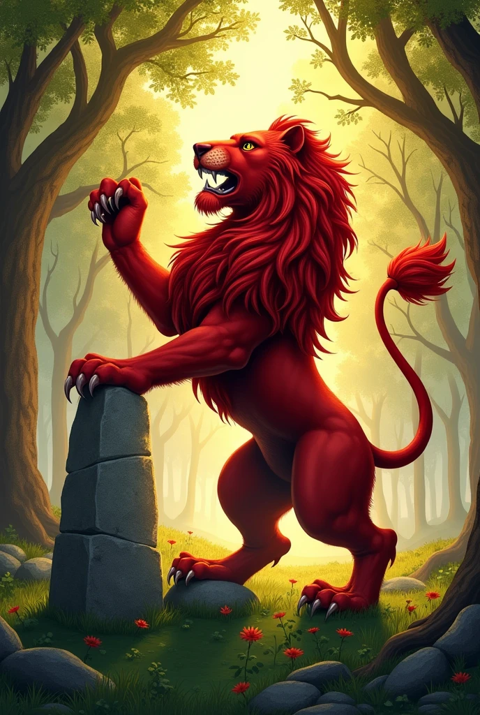 Blason de lion de gueules rampant sur un fond de couleur argent avec en fond une forêt de hêtres illuminée d'une lumière joyeuse et un dolmen composé d'une grande dalle de pierre horizontale reposant sur deux pierres verticales.