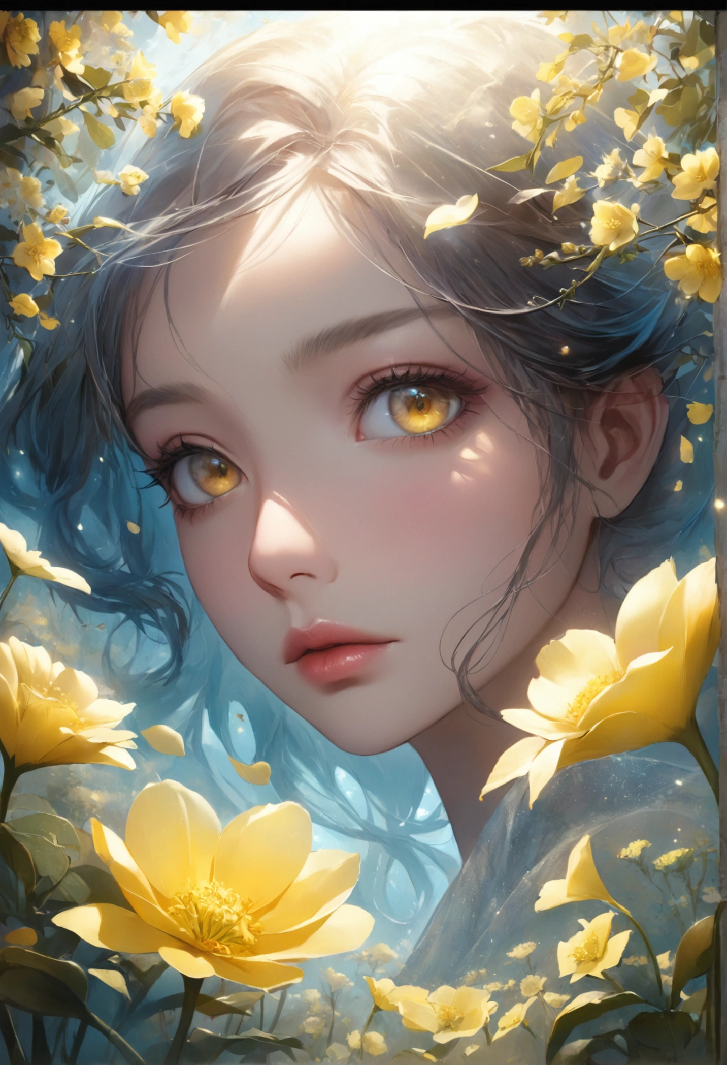 Rape flower landscape, bright canvas, The petals are fluttering, Transparent holographic reflection, A surreal landscape made of flower petals, Leaves viewers speechless, A beautiful world, 1 Uzbek woman, detailed eyes, Yellow eyes, detailed lips, very detailed face, long eyelashes, Beautiful and detailed portraits, elegant, tranquil expression, spring, high quality, 8k, realistic, surrealist, studio lighting, Physically Based Rendering, vivid colors, movie lights, dramatic lighting, soft lighting, dramatic contrast, clear, ethereal, dreamlike, mysterious, magical, fancy, concept art