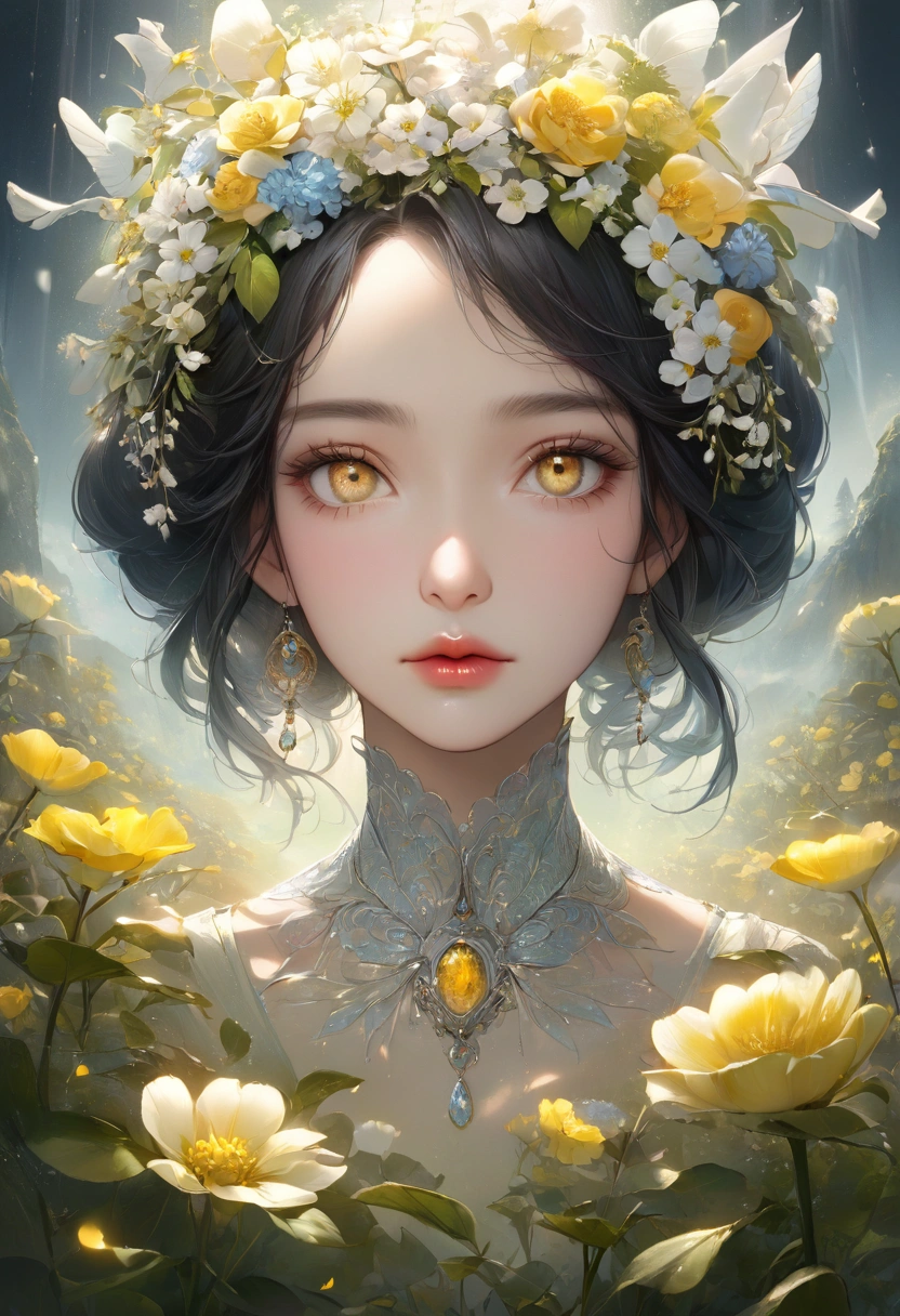 Rape flower landscape, bright canvas, The petals are fluttering, Transparent holographic reflection, A surreal landscape made of flower petals, Leaves viewers speechless, A beautiful world, 1 Uzbek woman, detailed eyes, Yellow eyes, detailed lips, very detailed face, long eyelashes, Beautiful and detailed portraits, elegant, tranquil expression, spring, high quality, 8k, realistic, surrealist, studio lighting, Physically Based Rendering, vivid colors, movie lights, dramatic lighting, soft lighting, dramatic contrast, clear, ethereal, dreamlike, mysterious, magical, fancy, concept art
