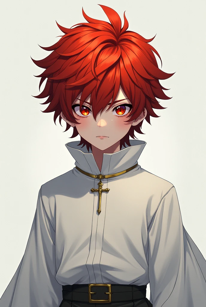 red hair, shaggy, red eyes, burning, fire, anime, boy, dangerous, cold, simple white royal costume,  