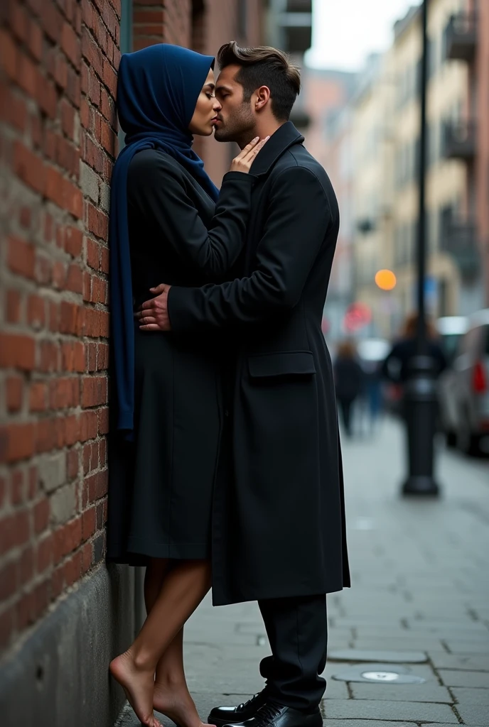 Navy blue headscarf on the street, black long closed coat, barefoot, Sexy skinny woman leaning her back against the wall. Kissing with the man.