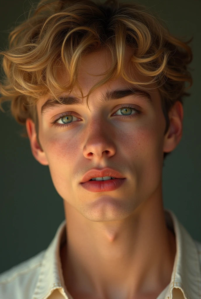  Young man short curly golden hair and  green grey eyes