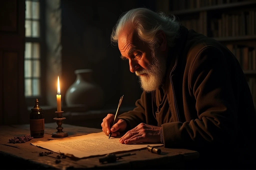 fot, An elderly poet of Hispanic descent, sitting within the shadowy confines of an old office. He is writing diligently on a piece of parchment using an ancient quill pen., the only source of light being the dim glow cast by a lone lit candle. 8 k quality, FOTO RAW, by professional photographer, rule of thirds, Extremely Detailed