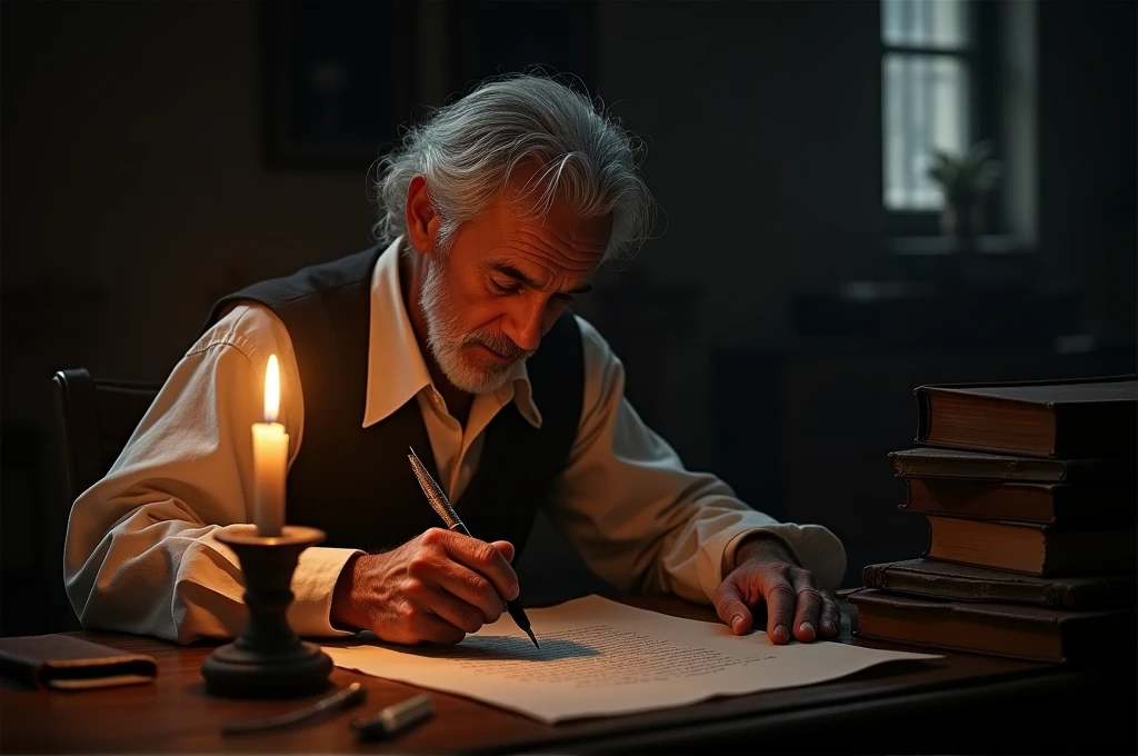fot, An elderly poet of Hispanic descent, sitting within the shadowy confines of an old office. He is writing diligently on a piece of parchment using an ancient quill pen., the only source of light being the dim glow cast by a lone lit candle. 8 k quality, FOTO RAW, by professional photographer, rule of thirds, Extremely Detailed