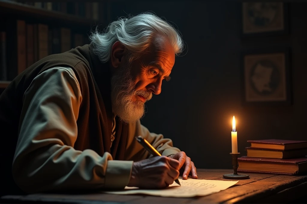 fot, An elderly poet of Hispanic descent, sitting within the shadowy confines of an old office. He is writing diligently on a piece of parchment using an ancient quill pen., the only source of light being the dim glow cast by a lone lit candle. 8 k quality, FOTO RAW, by professional photographer, rule of thirds, Extremely Detailed