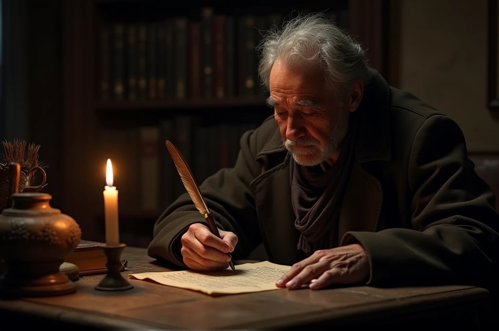 fot, An elderly poet of Hispanic descent, sitting within the shadowy confines of an old office. He is writing diligently on a piece of parchment using an ancient quill pen., the only source of light being the dim glow cast by a lone lit candle. 8 k quality, FOTO RAW, by professional photographer, rule of thirds, Extremely Detailed