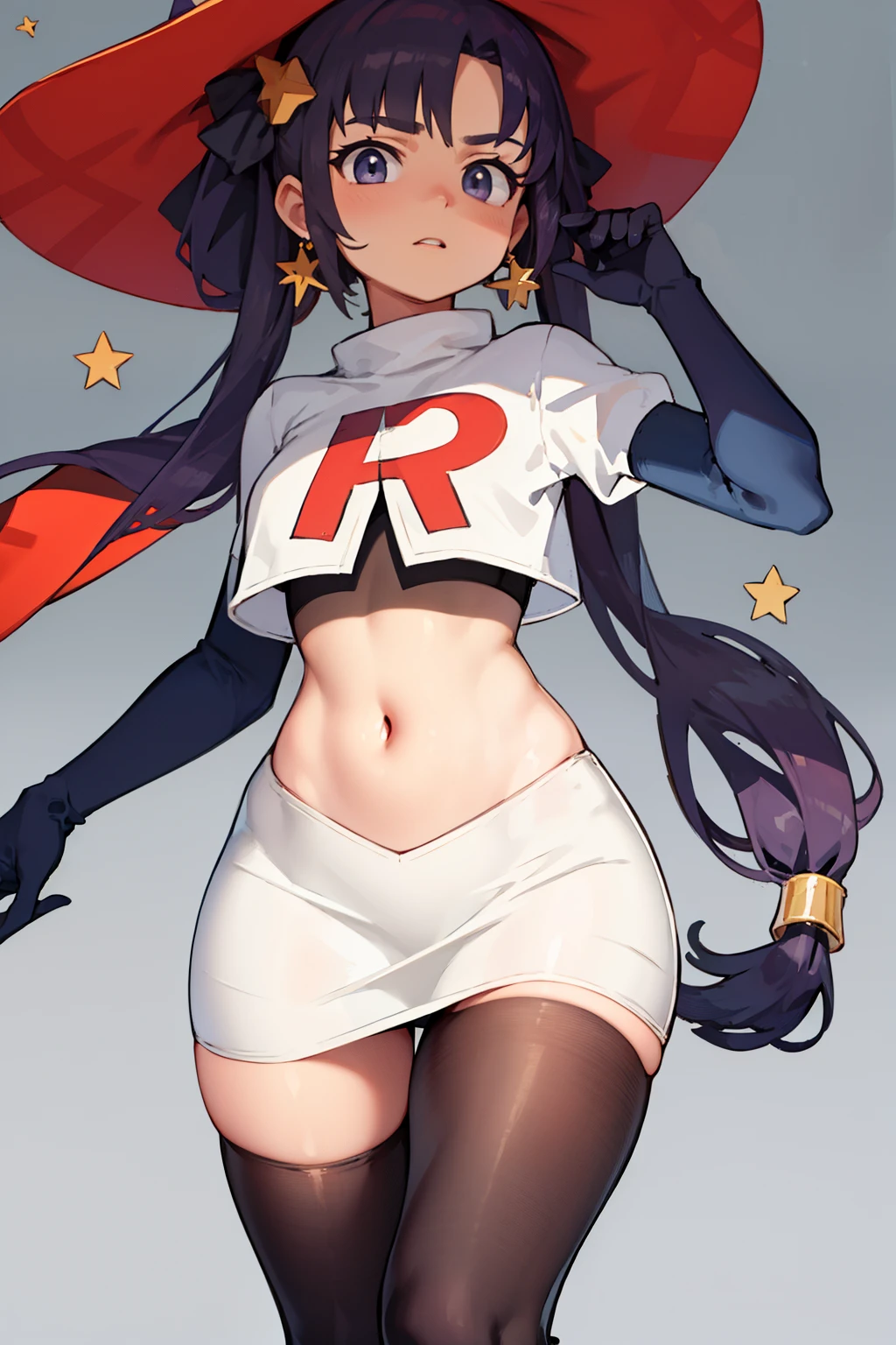 ((masterpiece,best quality)), team rocket,team rocket uniform,white skirt,red letter R,crop top,black thigh-highs,black elbow gloves, purple_hair, zettai ryouiki, aamona, long hair, twintails, star_earrings,hair ornament, hat, jewelry, star_\(symbol\), witch_hat, earrings, purple headwear, cowboy shot,