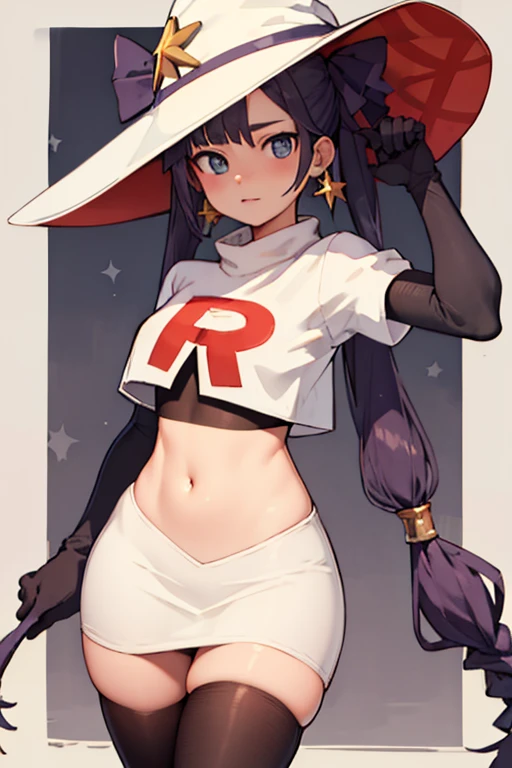 ((masterpiece,best quality)), team rocket,team rocket uniform,white skirt,red letter R,crop top,black thigh-highs,black elbow gloves, purple_hair, zettai ryouiki, aamona, long hair, twintails, star_earrings,hair ornament, hat, jewelry, star_\(symbol\), witch_hat, earrings, purple headwear, cowboy shot,
