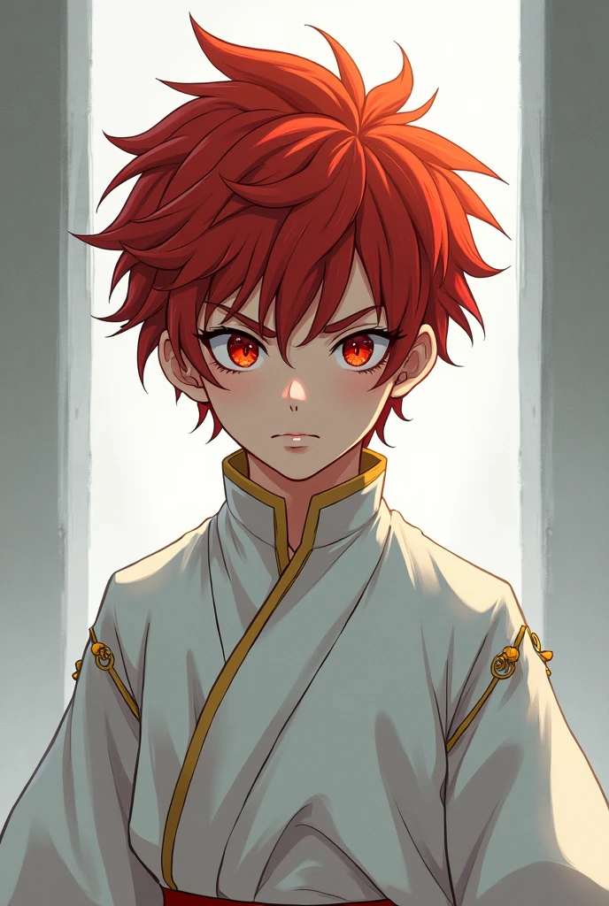 red hair, shaggy, red eyes, burning, fire, anime, , twenties, boy, dangerous, cold, simple white royal costume,