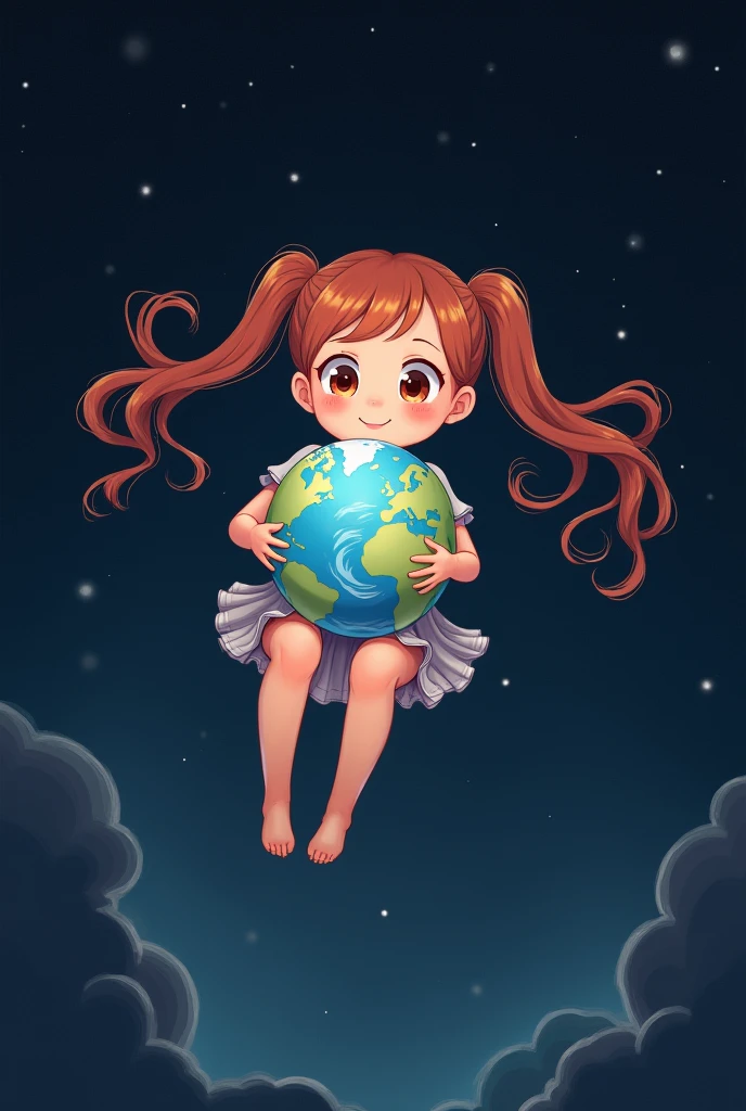Girl, long pigtails, in space, holding earth in hands, flying, cute pose, cool pose, happy, Hatsune Miku, small earth, knees bent, flowing pigtails, 2