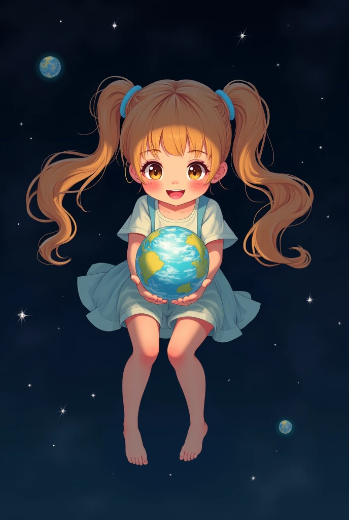Girl, long pigtails, in space, holding earth in hands, flying, cute pose, cool pose, happy, Hatsune Miku, small earth, knees bent, flowing pigtails, 2