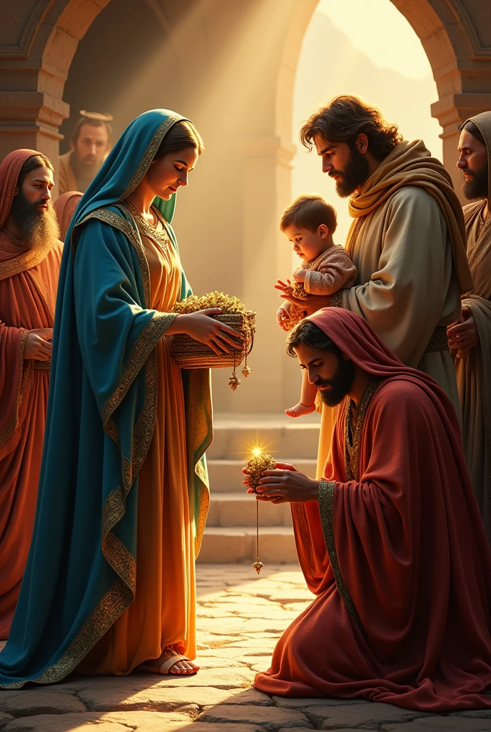 Make an image of Mary and Saint Joseph receiving a gift from the Three Wise Men Take a print of the following image and it is best to generate colorful, high-contrast, high-resolution images.